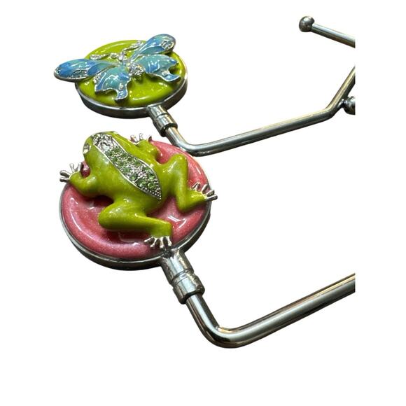 SPRING STREET PURSE HOOKS SET OF 2 FROG & BLUE FLOWER HANDBAG HANGERS - Picture 3 of 4